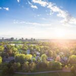 Overlooking residential neighborhood with sunny horizon