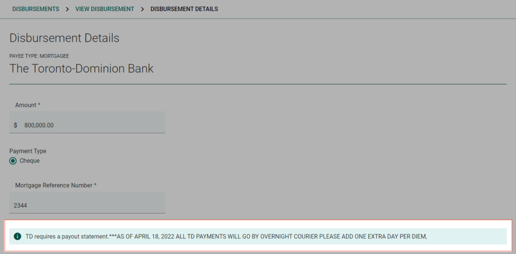Disbursement details screen in surefund application